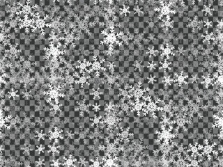 Snowflake pattern background winter season texture with falling snow isolated on transparent background. EPS vector illustration