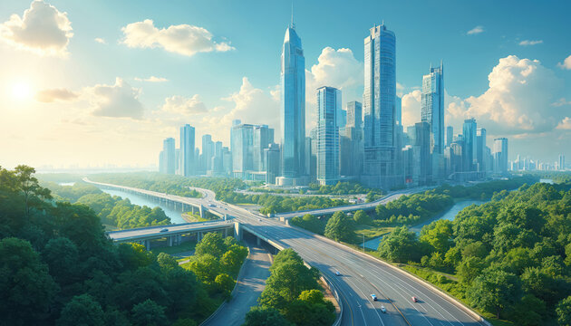 Modern city skyline with many tall skyscrapers, new buildings. Busy highway system features multiple lanes, cars, bridges connecting areas. Green forests line river. Urban landscape shows integrated