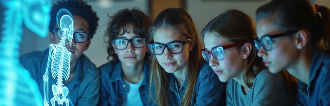 Students in classroom look at holographic skeleton. Children learn human anatomy via digital technology. Future doctors study bones with futuristic virtual reality. - Powered by Adobe