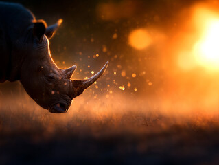 Majestic rhinoceros silhouette against glowing sunset, showcasing wildlife beauty