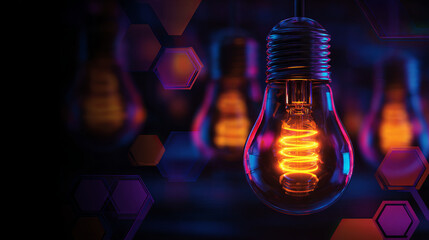 Bright light bulb with glowing filament against dark background, showcasing innovation