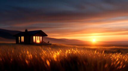 Serene cabin in golden field at sunset, showcasing off grid architecture in remote location