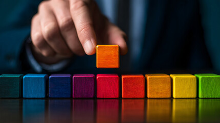 Building colorful strategy with wooden blocks, showcasing creativity and innovation