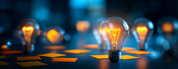 Bright light bulbs illuminate dark workspace, symbolizing innovation and creativity