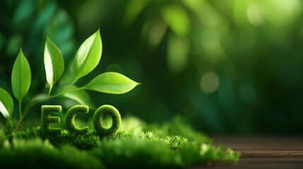 Eco friendly concept with green leaves and mossy letters