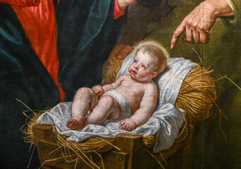 Close-up of Adoration of the Shepherds by Pieter van Lint, painted around 1650. The detail shows the infant Jesus lying on straw in a manger, part of a Baroque religious scene