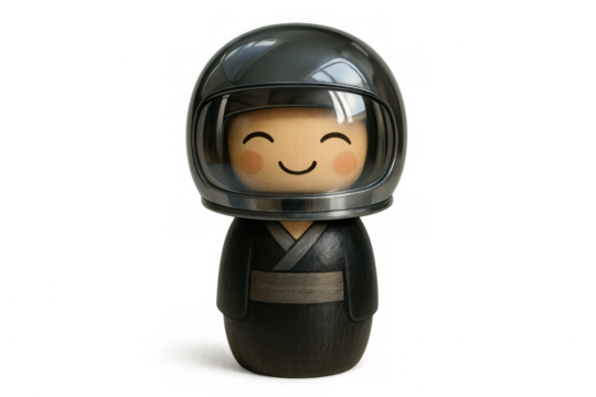 Kokeshi doll astronaut smiling in a space helmet, representing exploration, innovation, and global collaboration, transparent background