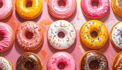 Fototapeta premium Assortment of colorful donuts with varied icing, toppings, and coffee beans on flat surface for editorial food photography dessert decor and poetic indulgence-themed visuals