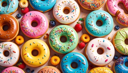 Assortment of colorful donuts with varied icing, toppings, and coffee beans on flat surface for editorial food photography dessert decor and poetic indulgence-themed visuals