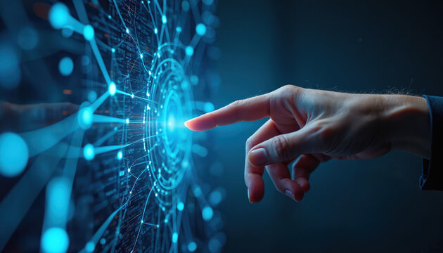 Human hand touches bright blue digital interface. Finger presses glowing button on complex network grid. Shows modern tech activation, data connection, future innovation, cyber transformation in dark
