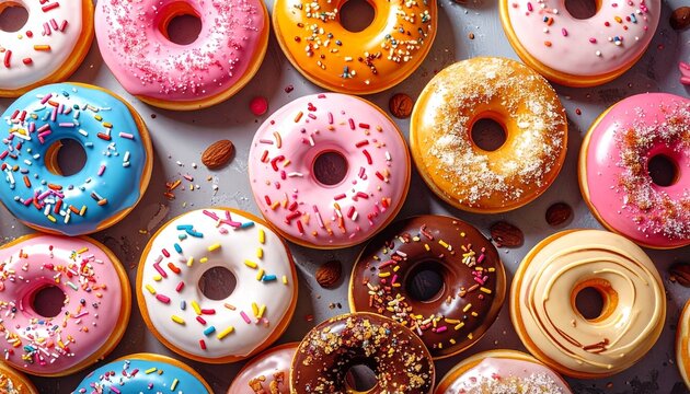 Assortment of colorful donuts with varied icing, toppings, and coffee beans on flat surface for editorial food photography dessert decor and poetic indulgence-themed visuals