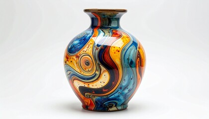 Colorful ceramic vase with swirling floral and abstract patterns in blue, orange, red, and black with glossy finish for editorial art photography decorative design and poetic craftsmanship-themed visu