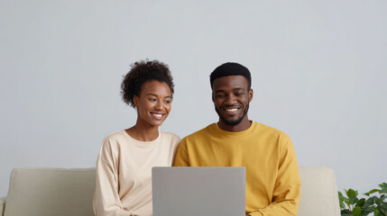 Happy young african american couple smiling while watching movie on laptop at home. cheerful man and woman enjoy spending leisure time together using modern technology