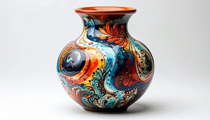 Colorful ceramic vase with swirling floral and abstract patterns in blue, orange, red, and black with glossy finish for editorial art photography decorative design and poetic craftsmanship-themed visu