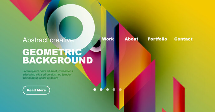 Abstract geometric design. Vibrant colors, layered shapes create modern website header. Text includes portfolio details, read more button.