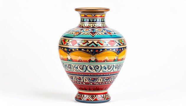 Colorful ceramic vase with swirling floral and abstract patterns in blue, orange, red, and black with glossy finish for editorial art photography decorative design and poetic craftsmanship-themed visu