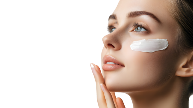 Radiant woman applying facial cream for skincare routine and beauty treatment against a for cosmetic advertising and wellness promotion