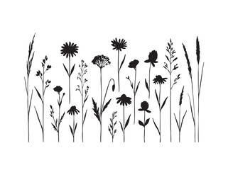 Black and white floral vector with grass and leaves in garden landscape