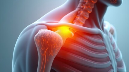Obraz premium Anatomía de la articulación del hombro con la zona dolorosa resaltada en naranja. Visualización médica 3D de músculos, ligamentos e inflamación del manguito rotador