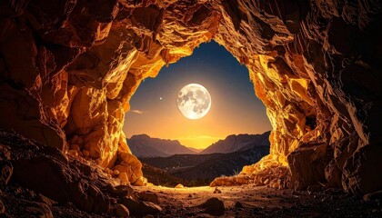 Full moon framed by cave entrance with illuminated rocky walls, mountain range, and twilight sky for editorial nature photography adventure decor and poetic majesty-themed visuals