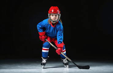 Female child hockey player wears a uniform. Girl holds stick in hands ready to play. Kid trains in ice arena against black background, wears helmet and protective gear.