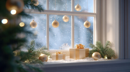 Cozy Christmas scene with golden ornament and gift box on windowsill. peaceful winter background shows snow outside window, magical and serene holiday decoration
