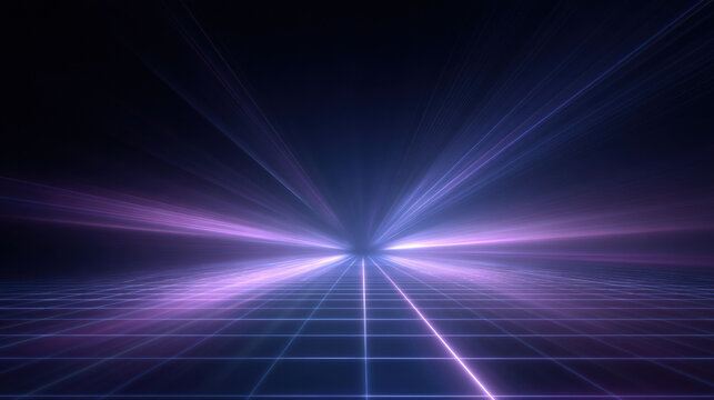 Abstract futuristic background with blue light beams on virtual grid. dynamic sense of high technology, speed and space moving toward vanishing point with energy