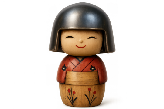 Traditional japanese kokeshi doll wearing a helmet, displaying cultural heritage and craftsmanship, transparent background