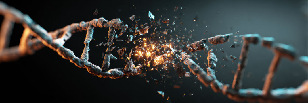 Dramatic illustration of dna damage with genetic molecule breaking. conceptual representation of gene mutation, helix disorder, science research, and chromosome destruction