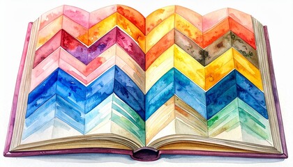 Open book with chevron-patterned watercolor pages in rainbow hues and maroon cover on light background for editorial art photography creative decor and poetic imagination-themed visuals