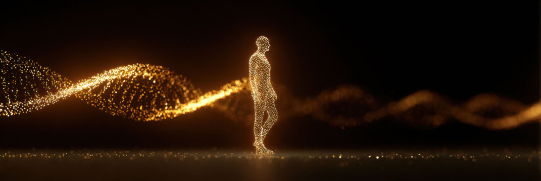 Serene human figure of spiritual light and energy, connected to golden dna helix. An abstract concept of future technology, evolution, and genetic science on dark background - Powered by Adobe