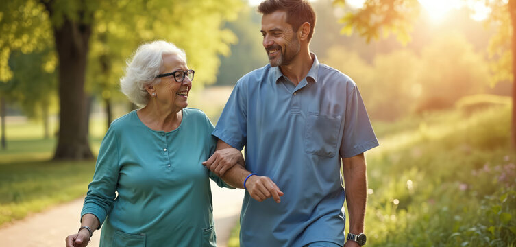 Caregiver man helps happy senior woman walk in green park. Male nurse supports old female patient with disability outdoors. Smile on stroll, enjoying retirement care, health recovery, assisted living. - Powered by Adobe