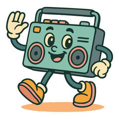 Retro boombox character with a friendly wave, bringing vintage vibes and nostalgic music fun to your creative projects with a joyful, retro aesthetic