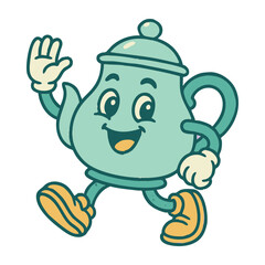 Whimsical retro teapot character with a cheerful wave and energetic stride, bringing a touch of nostalgic fun and playful charm to any project