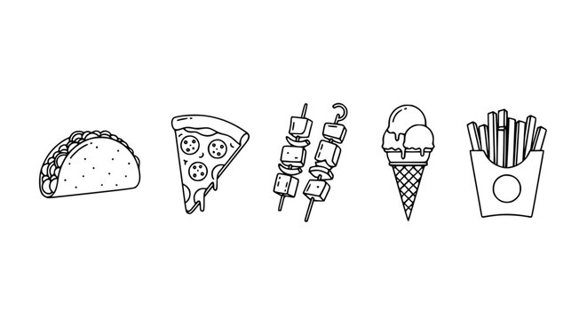 Vector icon set of popular street foods — tacos, pizza slice, kebab, ice cream, fries — clean outline style