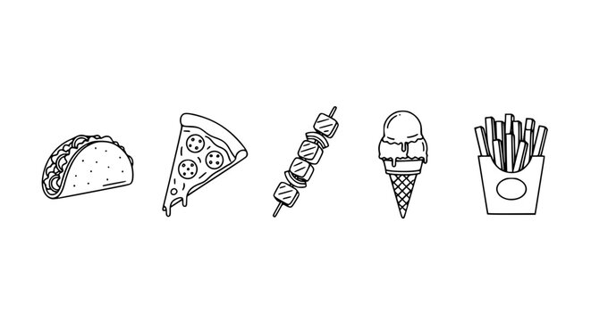 Vector icon set of popular street foods — tacos, pizza slice, kebab, ice cream, fries — clean outline style