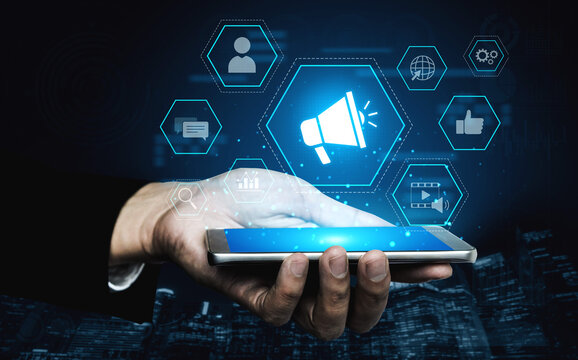 Digital marketing promotion strategy using megaphone, social media marketing, digital ads video content, communication, analytics, and global branding advertisement for business outreach Vouch