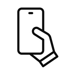 Vector line icon of a hand using a smartphone. Simple and clean outline design, suitable for mobile, communication, app, and technology concepts