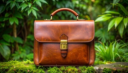 Brown leather briefcase with gold-toned buckles, central lock, and polished finish placed on wooden surface with green foliage background for editorial business photography professional accessory deco