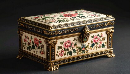Ornate white jewelry box with gold accents, floral bouquet lid, embossed sides, and keyhole placed on wooden surface with scattered petals for editorial luxury photography sentimental decor and poetic