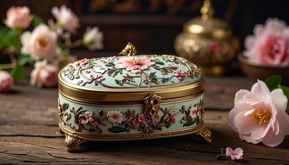 Ornate white jewelry box with gold accents, floral bouquet lid, embossed sides, and keyhole placed on wooden surface with scattered petals for editorial luxury photography sentimental decor and poetic