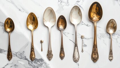 Collection of seven vintage spoons with varied designs and finishes arranged on white marble surface with gray veining for editorial culinary photography antique decor and poetic heritage-themed visua