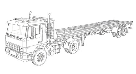 Detailed black and white line art of a semitruck with a long flatbed trailer chassis.