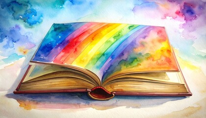 Open book with rainbow-colored pages and watercolor background blending soft blues, purples, and pinks for editorial creativity photography educational decor and poetic imagination-themed visuals