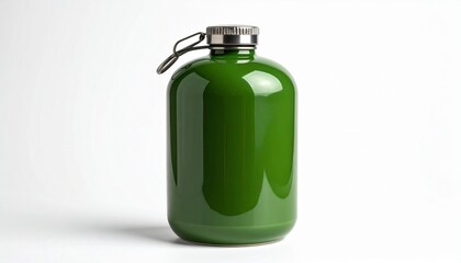 Green glossy container with metallic screw-on cap and loop handle on white background for editorial product photography sustainable packaging decor and poetic utility-themed visuals