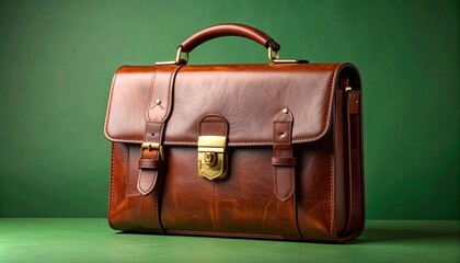 Brown leather briefcase with gold-toned buckles, central lock, and polished finish placed on wooden surface with green foliage background for editorial business photography professional accessory deco