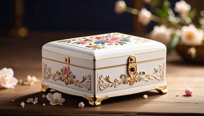 Ornate white jewelry box with gold accents, floral bouquet lid, embossed sides, and keyhole placed on wooden surface with scattered petals for editorial luxury photography sentimental decor and poetic