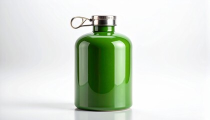 Green glossy container with metallic screw-on cap and loop handle on white background for editorial product photography sustainable packaging decor and poetic utility-themed visuals