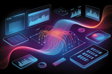 Futuristic data analytics dashboard with flowing graph. 3D illustration of a digital dashboard with multiple data charts, glowing interfaces, and flowing graph lines, symbolizing AI and analytics.

