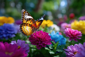 Obraz premium Colorful butterfly resting on vibrant flowers in a lush garden during sunny daylight
